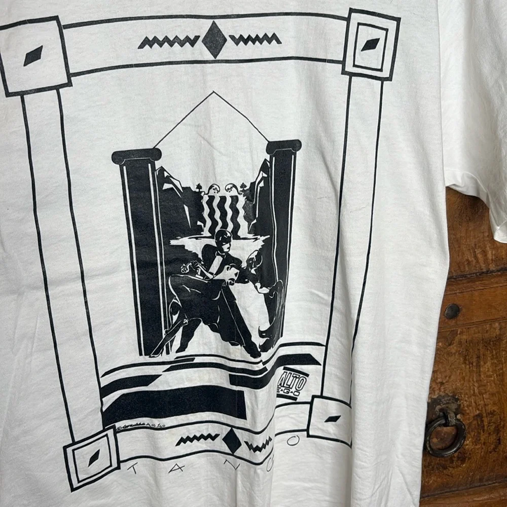 True 80s Vintage White Cotton T-Shirt Black Graphics Art Deco XL Oversized - Picture 2 of 5